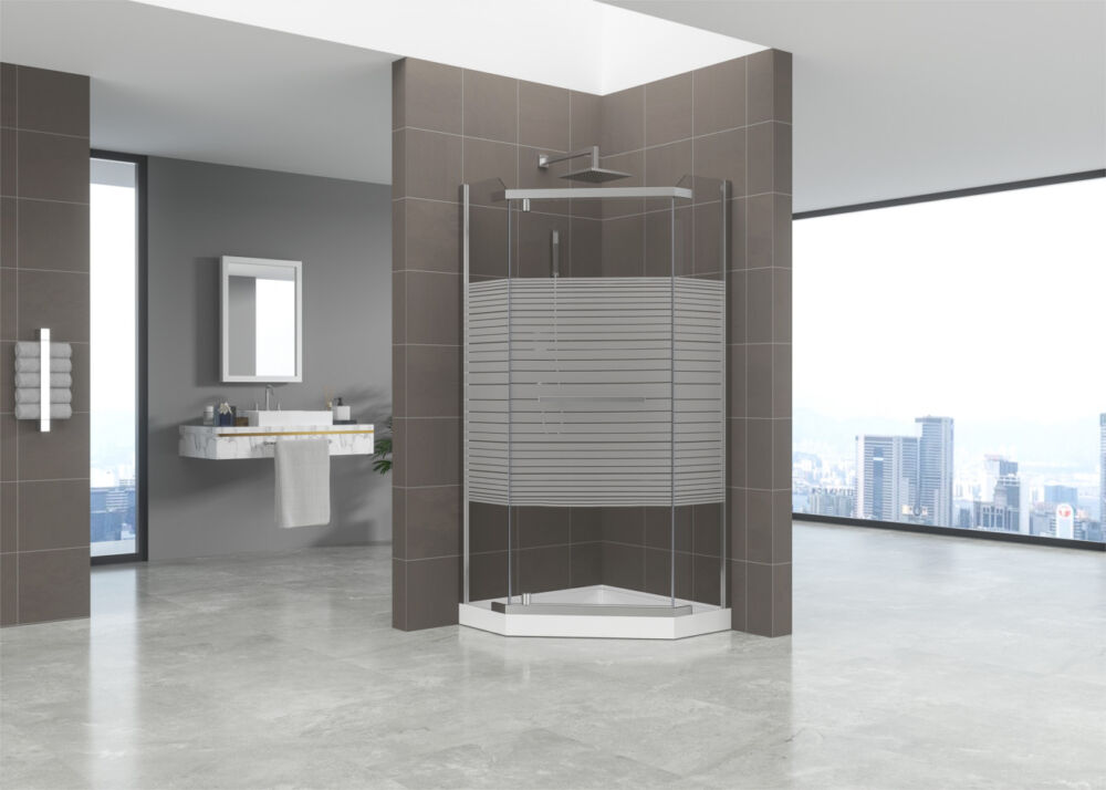 Penta ötszögletű üveg zuhanykabin tálcával, csíkos, 90x90x185 cm